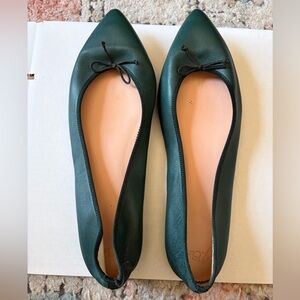 J. Crew Green Leather Pointed Ballet Flats with Bow
